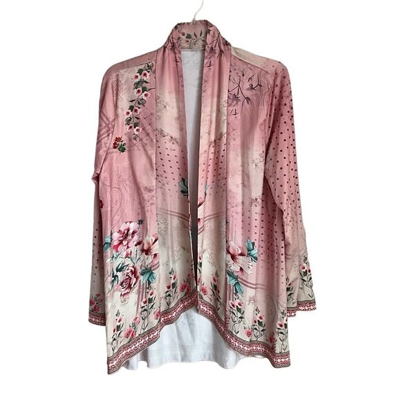 Unbranded Womens Kimono Pink Floral Open Front Cardigan Large - Picture 12 of 14
